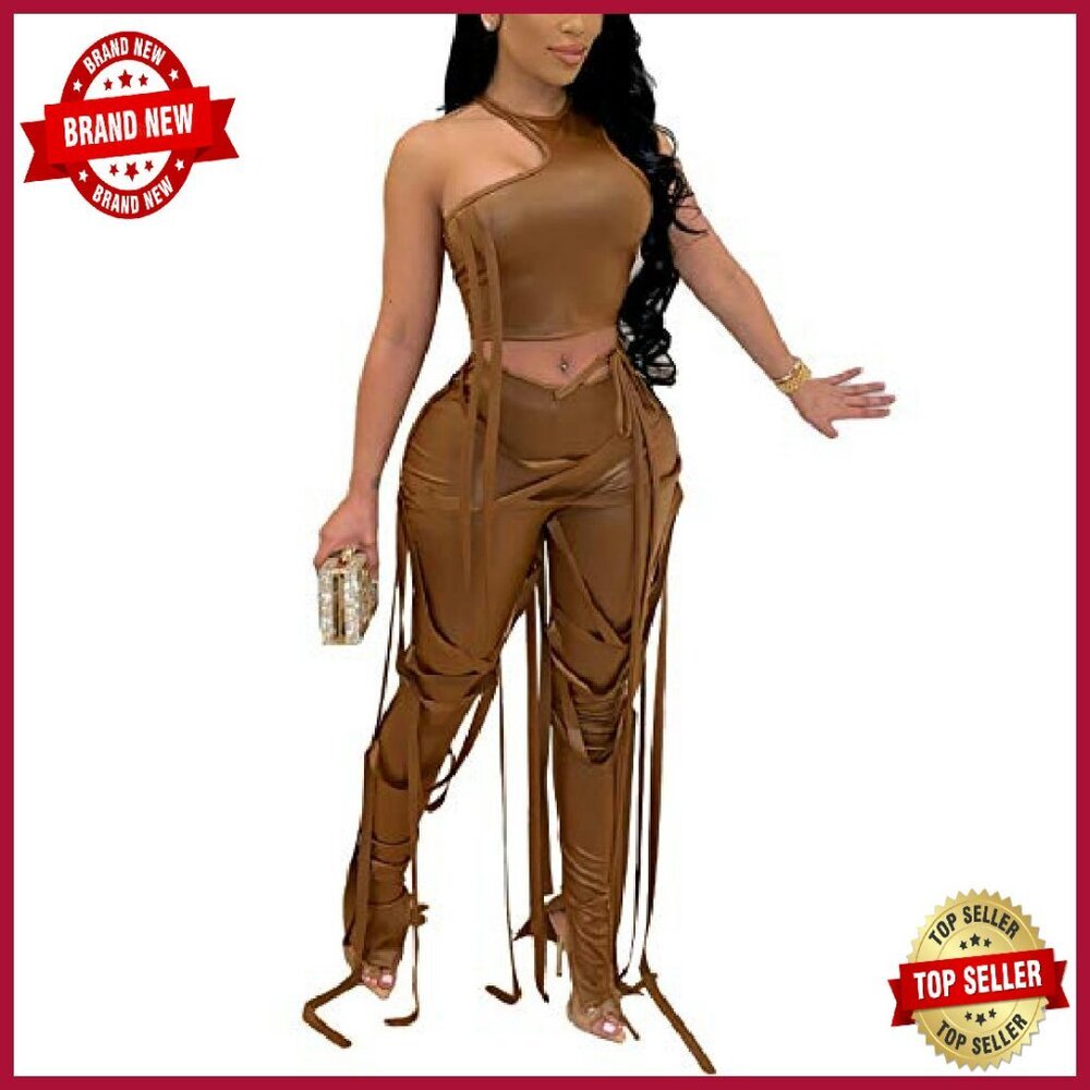 Sexy 2 Piece Bodycon Set, Polyester Spandex, Sleeveless Crop Top & Split Pants - Picture 2 of 5